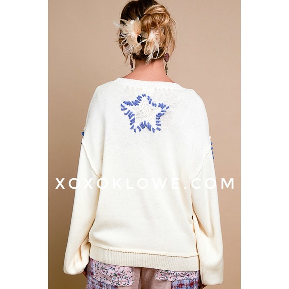 POL Cream with Blue Star Contrast Stitched Relaxed Fit  Sweater - Picture 7 of 13